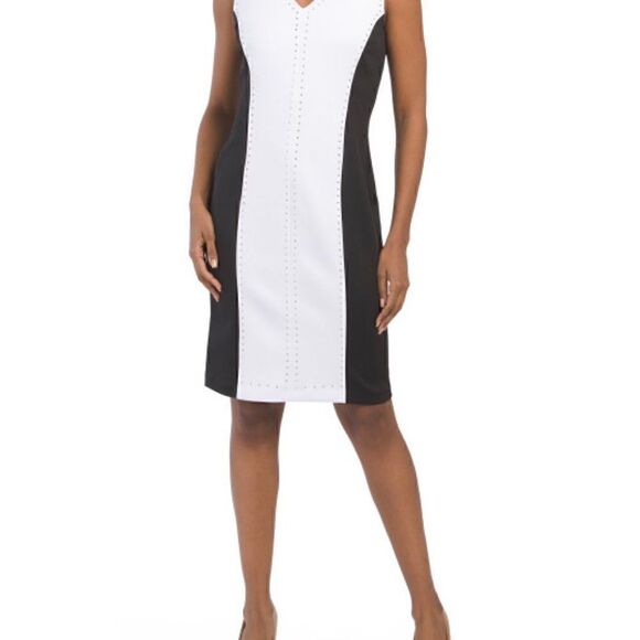 T TAHARI Sleeveless Studded Color Block Black White Knit Dress SIZE 4 NWT - Picture 3 of 13